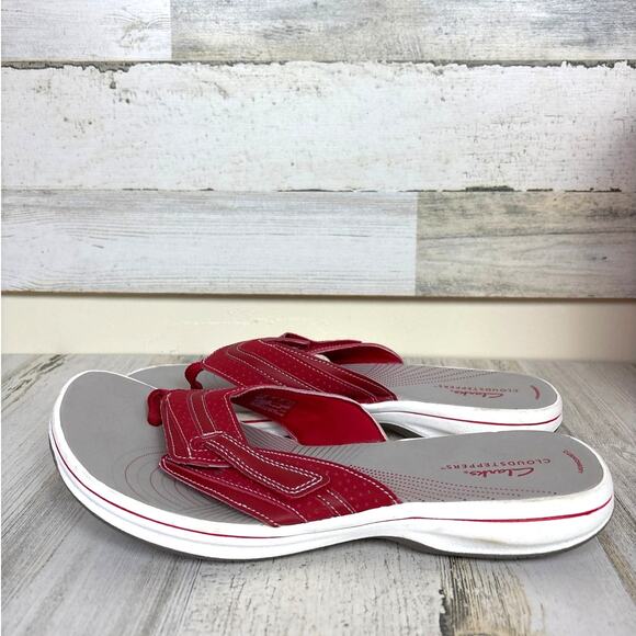 Clarks Womens 11 Red Leather Slip-On Cloudsteppers Brinkley Keely Sandals Shoes - Picture 1 of 8